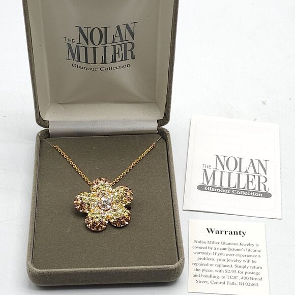Nolan Miller Yellow Brown Rhinestone Pave Flower Brooch Necklace in Box Glamour - Picture 1 of 5